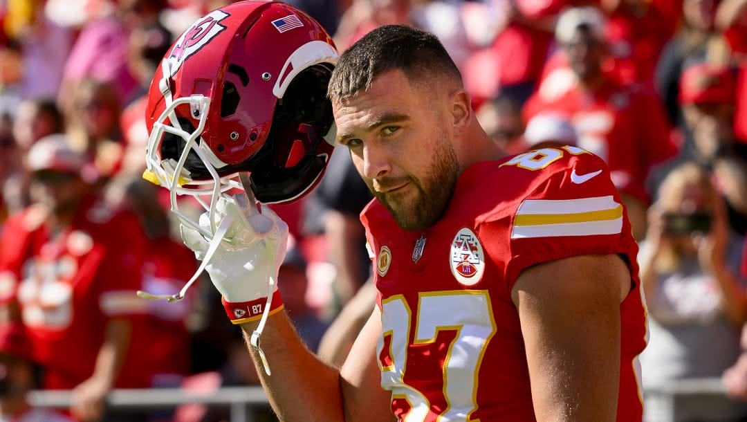 Kansas City Chiefs tight end Travis Kelce during warmups before an NFL football game against the Los Angeles Chargers, Sunday, Oct. 22, 2023 in Kansas City, Mo.
