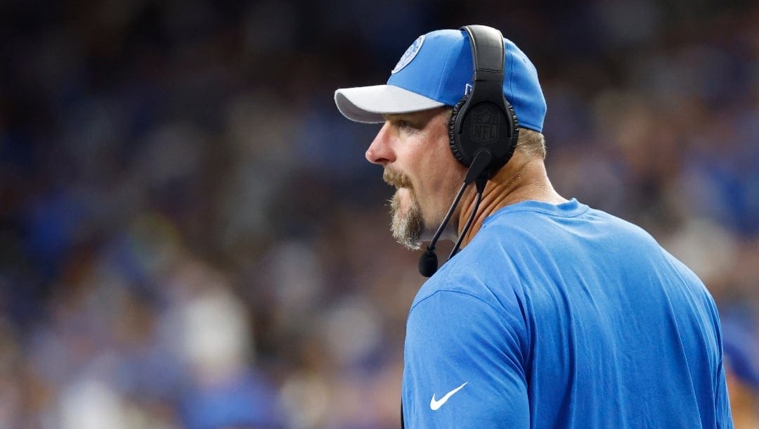 Detroit Lions head coach Dan Campbell on the sideline against the Carolina Panthers in the first half during an NFL football game at Ford Field in Detroit, Sunday, Oct. 8, 2023. (AP Photo/Rick Osentoski)