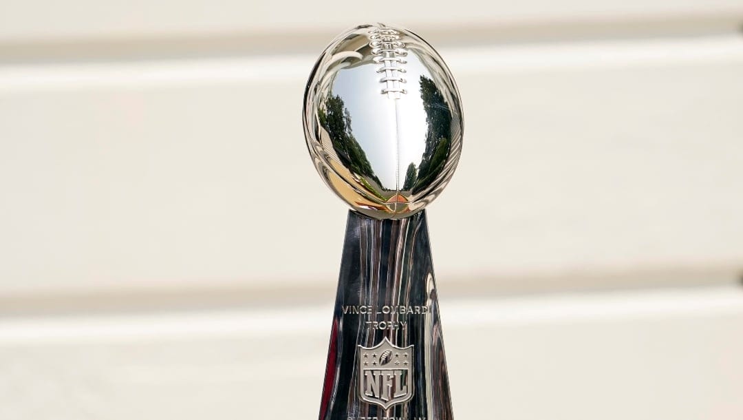 The Vince Lombardi Trophy is displayed before a ceremony on the South Lawn of the White House, in Washington, Tuesday, July 20, 2021, where President Joe Biden will honor the Super Bowl Champion Tampa Bay Buccaneers for their Super Bowl LV victory. (AP Photo/Andrew Harnik)