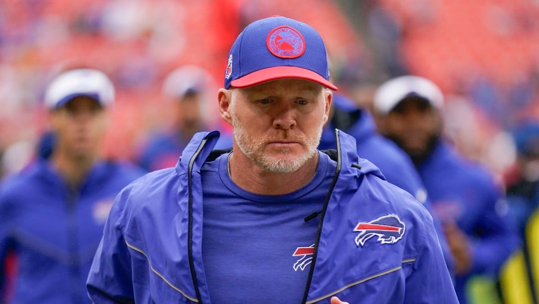 Buffalo Bills head coach Sean McDermott on the field before the start of the first half of an NFL football game against the Washington Commanders, Sunday, Sept. 24, 2023, in Landover, Md. (AP Photo/Andrew Harnik)