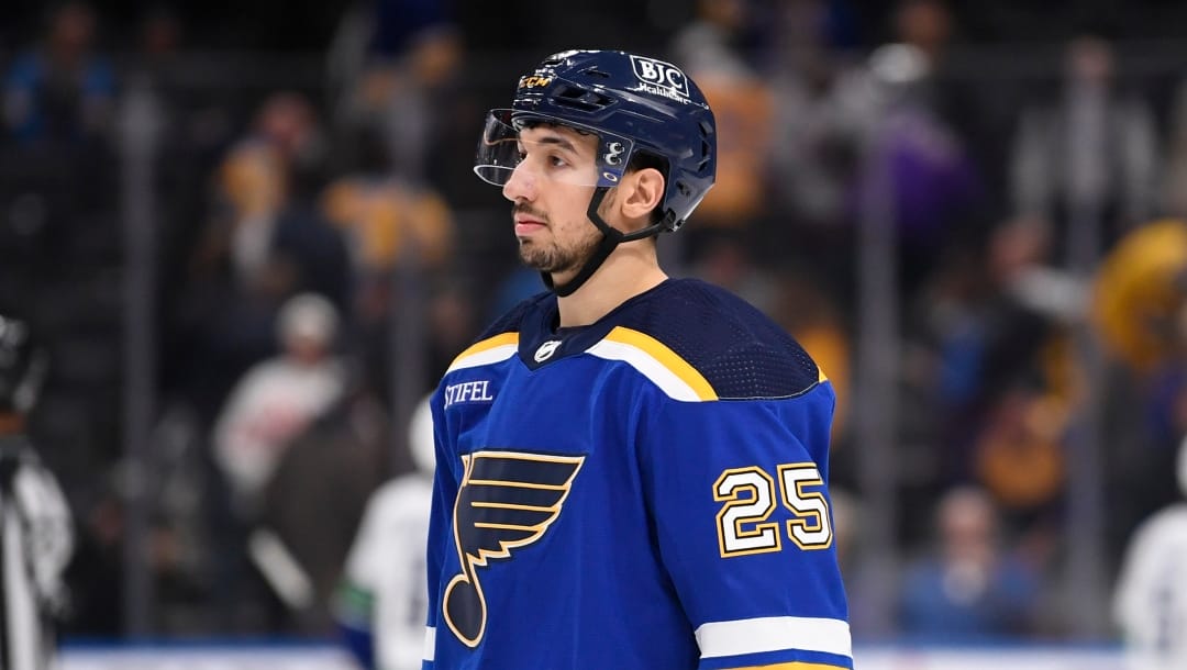 St. Louis Blues' Jordan Kyrou looks on after a loss to the Vancouver Canucks in overtime of an NHL hockey game Thursday, Feb. 23, 2023, in St. Louis. (AP Photo/Jeff Le)