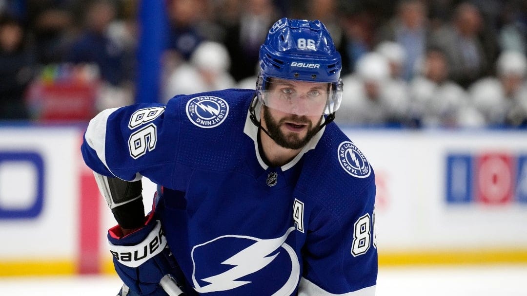 Tampa Bay Lightning right wing Nikita Kucherov (86) against the Toronto Maple Leafs during the second period of an NHL hockey game Tuesday, April 11, 2023, in Tampa, Fla. (AP Photo/Chris O'Meara)