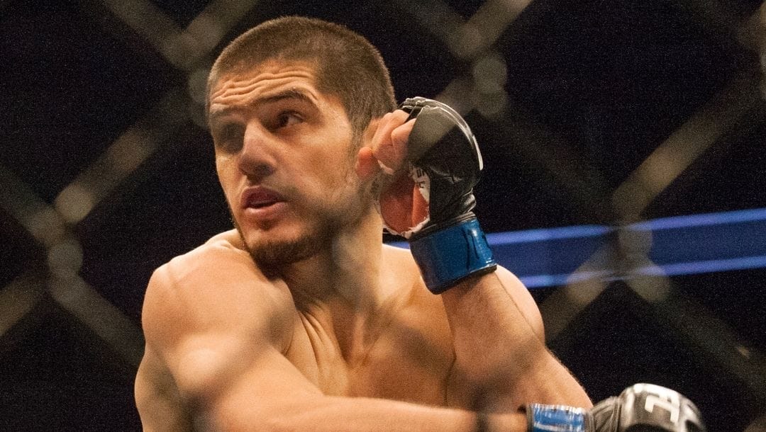 Islam Makhachev, throwing the first punches in round-1 during the UFC 192 mixed material arts bout at MMA UFC 192.