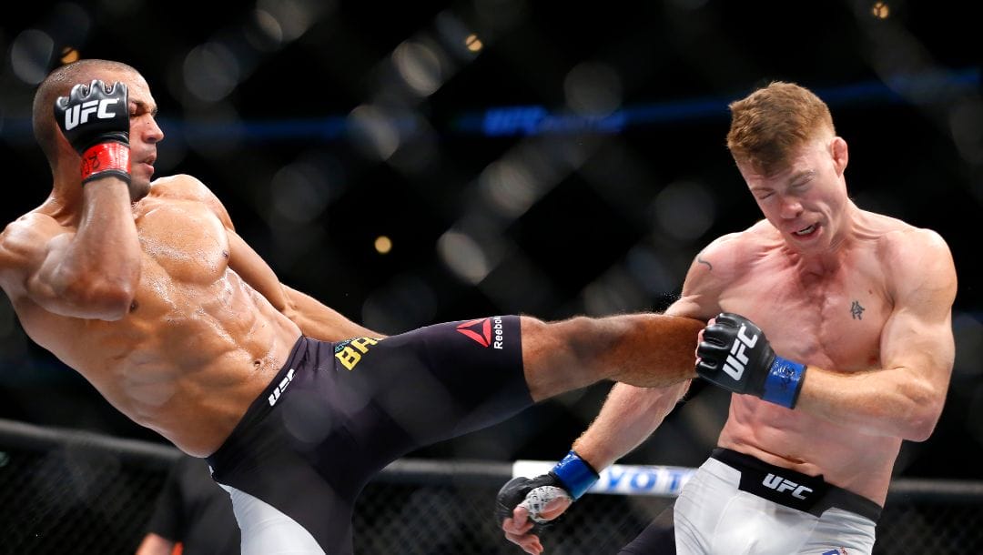 Edson Barboza, left, lands a kick to Paul Felder during their lightweight mixed martial arts bout during UFC Chicago.