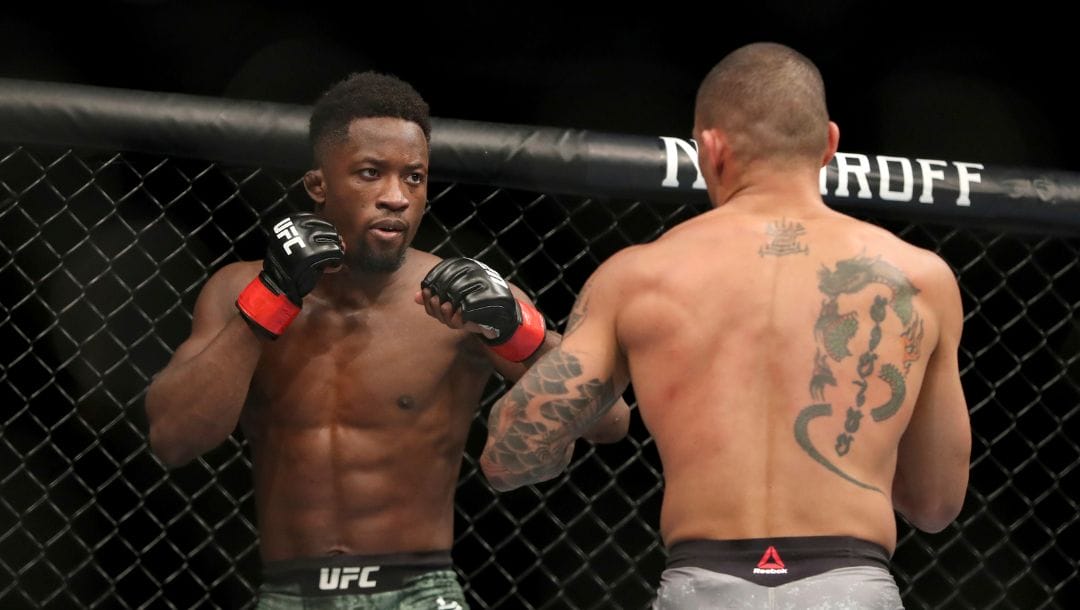 Sodiq Yusuff in action against Sheymon Moraes during their mixed martial arts bout at UFC Fight Night, Saturday, March 30, 2019.
