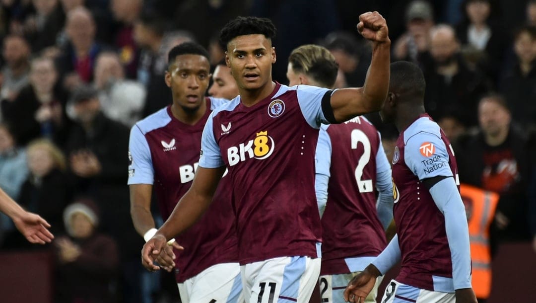 Aston Villa's Ollie Watkins celebrates after scoring his side's third goal during the English Premier League soccer match between Aston Villa and West Ham United at Villa Park in Birmingham, England, Sunday, Oct. 22, 2023.