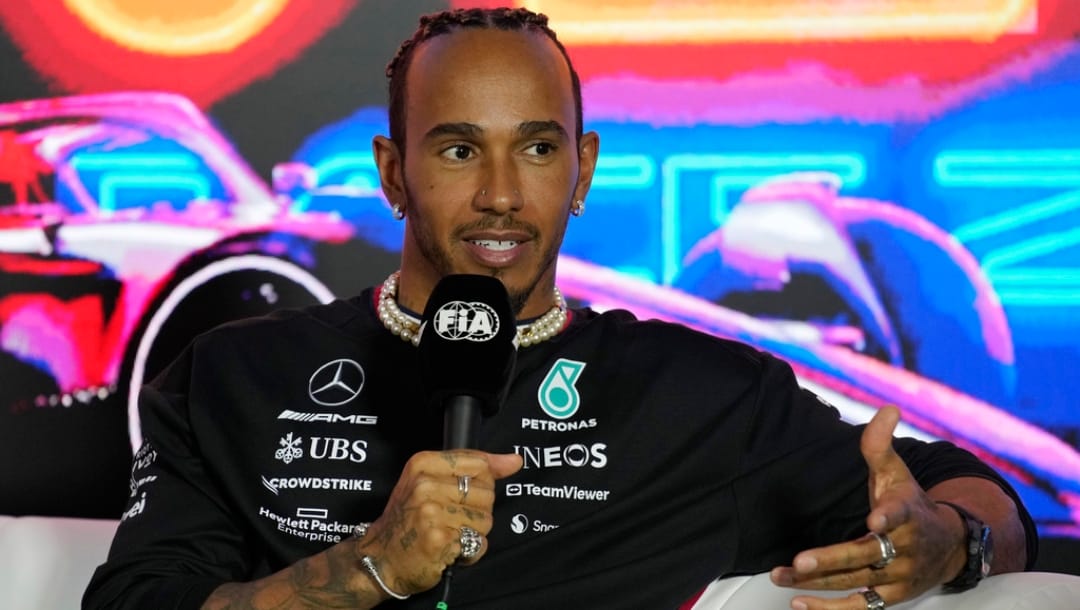 Mercedes driver Lewis Hamilton, of Britain, speaks during a news conference for the Formula One Las Vegas Grand Prix auto race, Wednesday, Nov. 15, 2023, in Las Vegas.