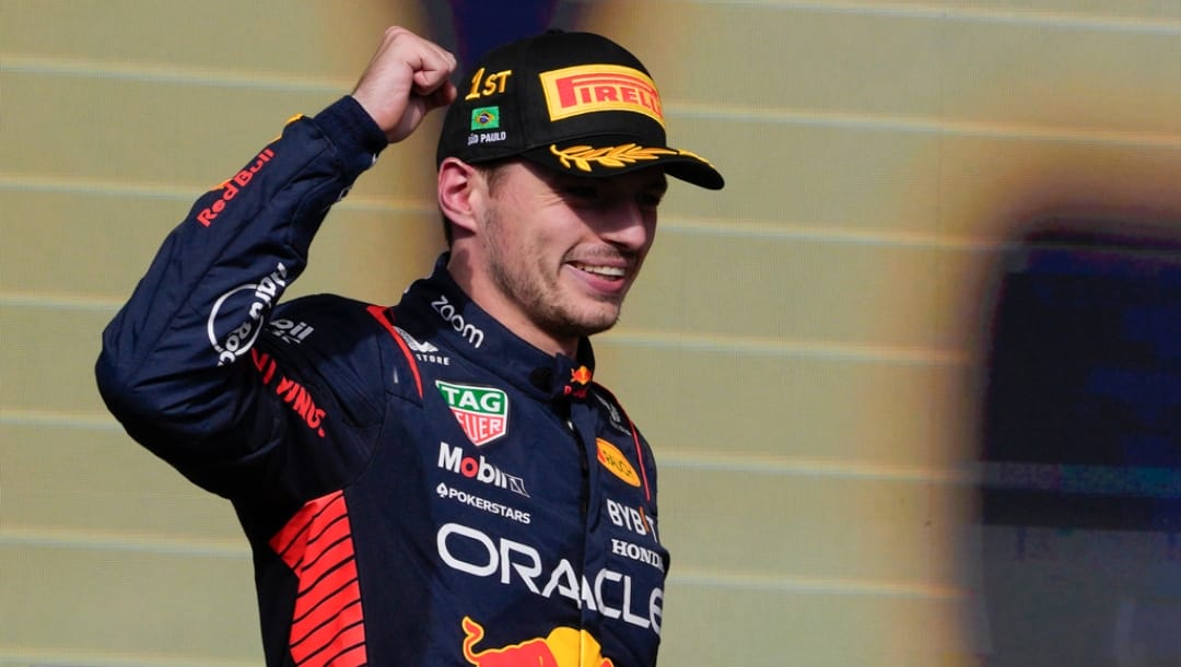 Red Bull driver Max Verstappen of the Netherlands celebrates his first place on the podium at the end of the Brazilian Formula One Grand Prix at the Interlagos race track in Sao Paulo, Brazil, Sunday, Nov. 5, 2023.