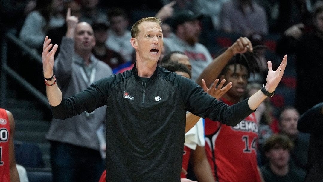 Southeast Missouri State head coach Brad Korn argues a call during the second half of a First Four college basketball game against Texas A&M Corpus Christi in the NCAA men's basketball tournament, Tuesday, March 14, 2023, in Dayton, Ohio. (AP Photo/Darron Cummings)