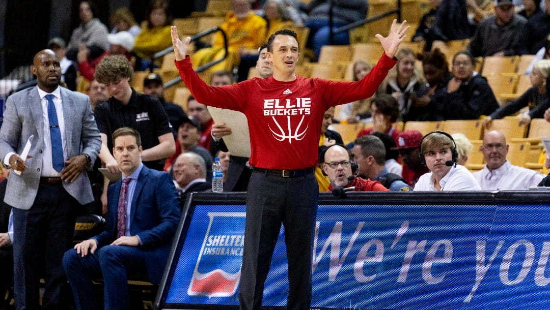 SIU-Edwardsville coach Brian Barone argues a call during the first half of the team's NCAA college basketball game against Missouri on Tuesday, Nov. 15, 2022, in Columbia, Mo. (AP Photo/L.G. Patterson)