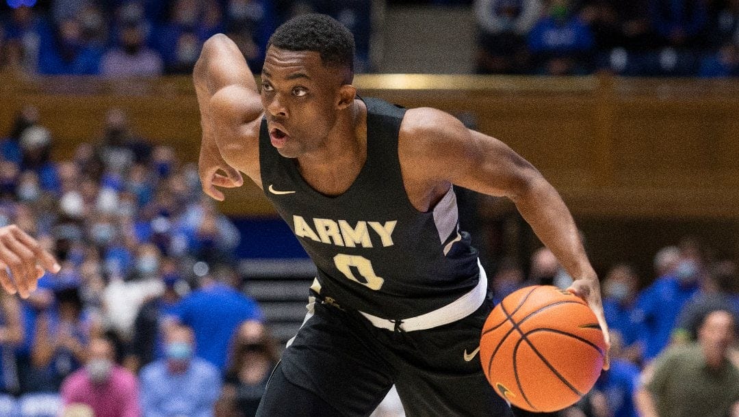 Army’s Josh Caldwell (0) handles the ball during an NCAA college basketball game against Duke in Durham, N.C., Friday, Nov. 12, 2021. (AP Photo/Ben McKeown)