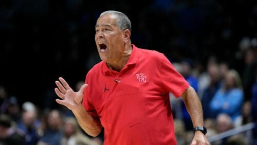 Houston head coach Kelvin Sampson reacts during the second half of the team's NCAA college basketball game against Xavier, Friday, Dec. 1, 2023, in Cincinnati.