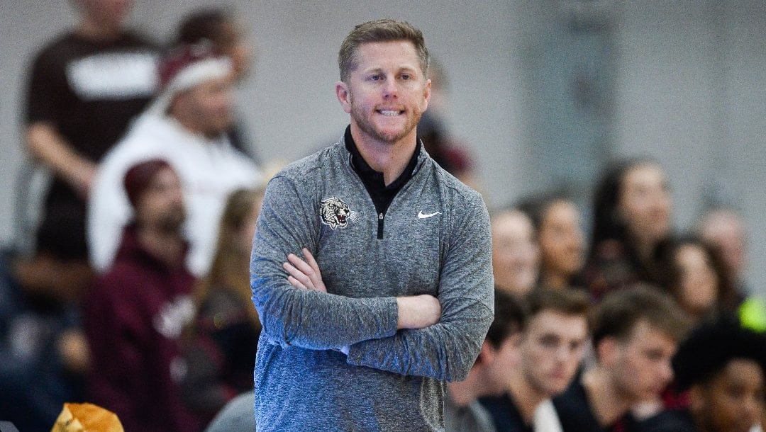 Lafayette associate head coach Mike McGarvey watches play during the second half of an NCAA college basketball game against Colgate for the Patriot League tournament championship in Hamilton, N.Y., Wednesday, March 8, 2023. (AP Photo/Adrian Kraus)