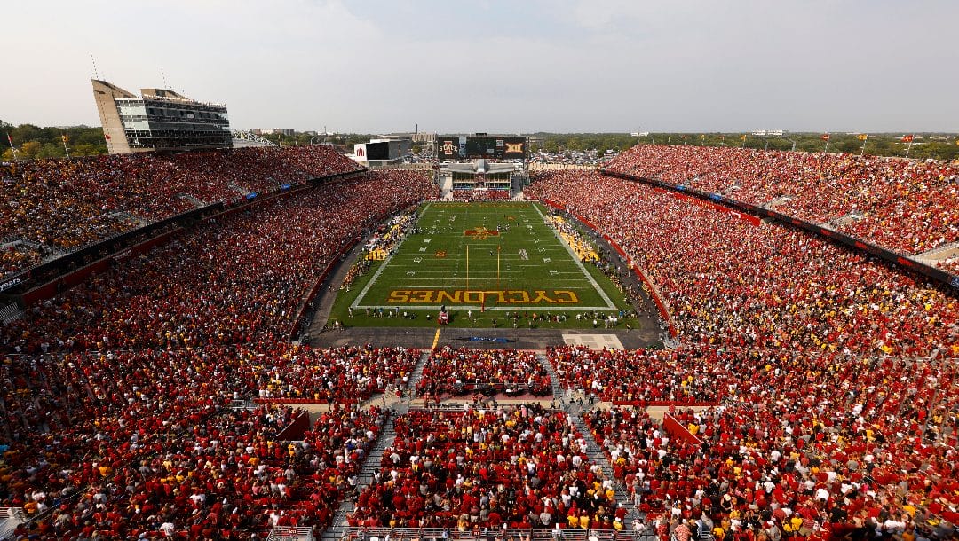 Iowa State takes on Iowa in a sellout crowd of 61,500 people at Jack Trice Stadium during the first half of an NCAA college football game, Sept. 11, 2021, in Ames, Iowa. Donald Trump is expected to command the national political spotlight on Saturday, Sept. 9, 2023, when he attends Iowa’s biggest annual college football game. Trump will be at Jack Trice Stadium in Ames on Saturday, where Iowa State University will host the University of Iowa.
