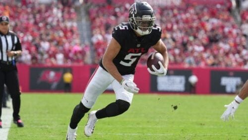 Atlanta Falcons wide receiver Drake London (5) runs after a catch during an NFL football game against the Tampa Bay Buccaneers, Sunday, Oct. 22, 2023, in Tampa, Fla.