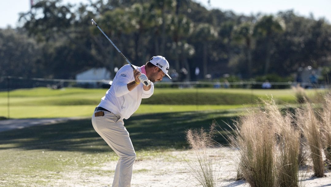 Doc Redman hits out of the rough on the ninth fairway during the second round of the RSM Classic golf tournament, Friday, Nov. 18, 2022, in St. Simons Island, Ga.