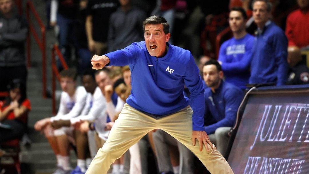 Air Force head coach Joe Scott reacts in the second half of an NCAA college basketball game against New Mexico in Albuquerque, N.M., Friday, Jan. 27, 2023.