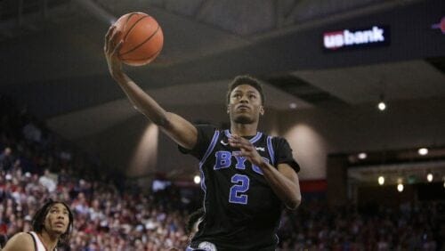 BYU guard Jaxson Robinson shoots during the second half of an NCAA college basketball game against Gonzaga, Saturday, Feb. 11, 2023, in Spokane, Wash. (AP Photo/Young Kwak)