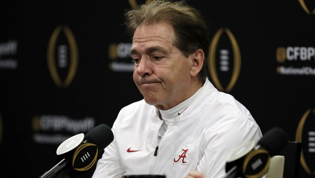 In this Jan. 7, 2019, file photo, Alabama head coach Nick Saban reacts after the NCAA college football playoff championship game against Clemson in Santa Clara, Calif. For the first time, the defending national champion Clemson Tigers are No. 1 in The Associated Press preseason Top 25 presented by Regions Bank, Monday, Aug. 19, 2019. The Crimson Tide, coming off a 44-16 loss to Clemson in the College Football Playoff championship, is No. 2.