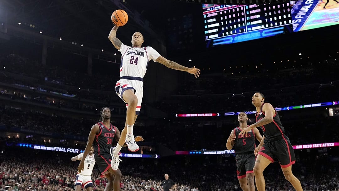Connecticut guard Jordan Hawkins shoots against San Diego State during the second half of the men's national championship college basketball game in the NCAA Tournament on Monday, April 3, 2023, in Houston.