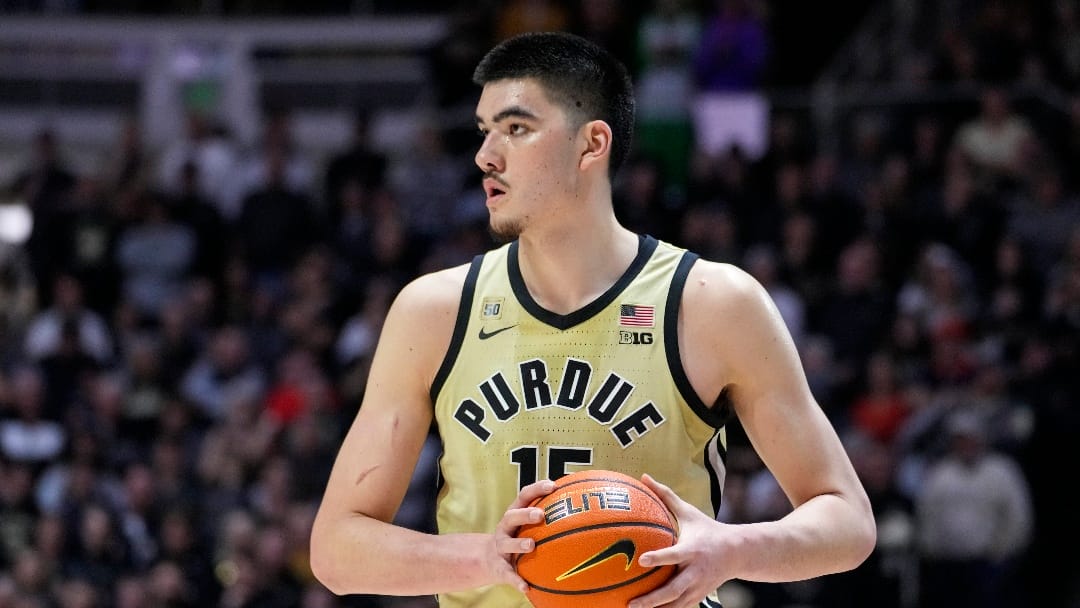 Purdue center Zach Edey (15) plays against Illinois during the second half of an NCAA college basketball game in West Lafayette, Ind., Sunday, March 5, 2023. Purdue defeated Illinois 76-71. (AP Photo/Michael Conroy)