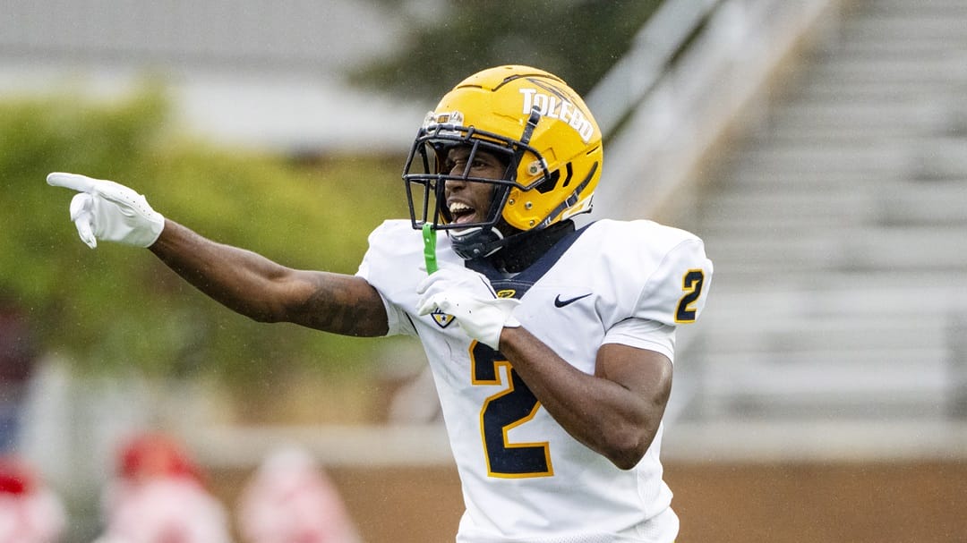 Toledo cornerback Micah Cherry (15) during an NCAA football game on Saturday, Oct. 14, 2023, in Muncie, Ind.