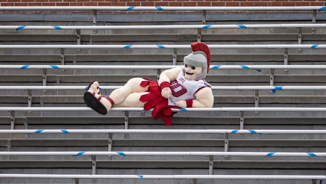 Troy’s mascot enjoys a stadium section all to himself during the first half of an NCAA college football game, Saturday, Dec. 12, 2020, in Troy, Ala. (AP Photo/Vasha Hunt)