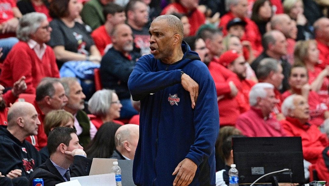 Detroit Mercy head coach Mike Davis reacts after a foul call during the second half of an NCAA college basketball game against YOungstown State in the quarterfinals of the Horizon League tournament Thursday, March 2, 2023, in Youngstown, Ohio.