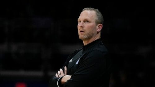 Drake Bulldogs head coach Darian DeVries watches his team from the sidelines.