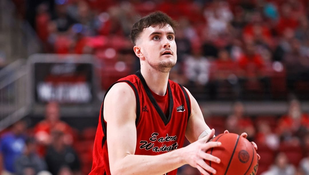 Eastern Washington's Ethan Price (10) shoots the ball during the first half of an NCAA college basketball game against Texas Tech, Wednesday, Dec. 22, 2021, in Lubbock, Texas. (AP Photo/Brad Tollefson)
