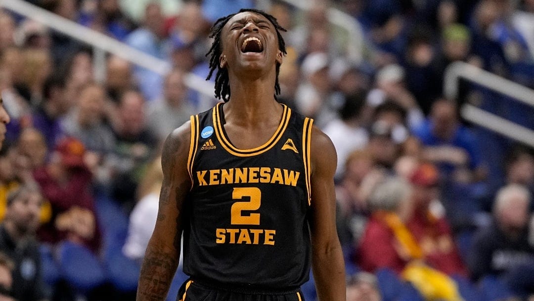 Kennesaw State guard Simeon Cottle celebrates after scoring against Xavier during the first half of a first-round college basketball game in the NCAA Tournament on Friday, March 17, 2023, in Greensboro, N.C. (AP Photo/Chris Carlson)