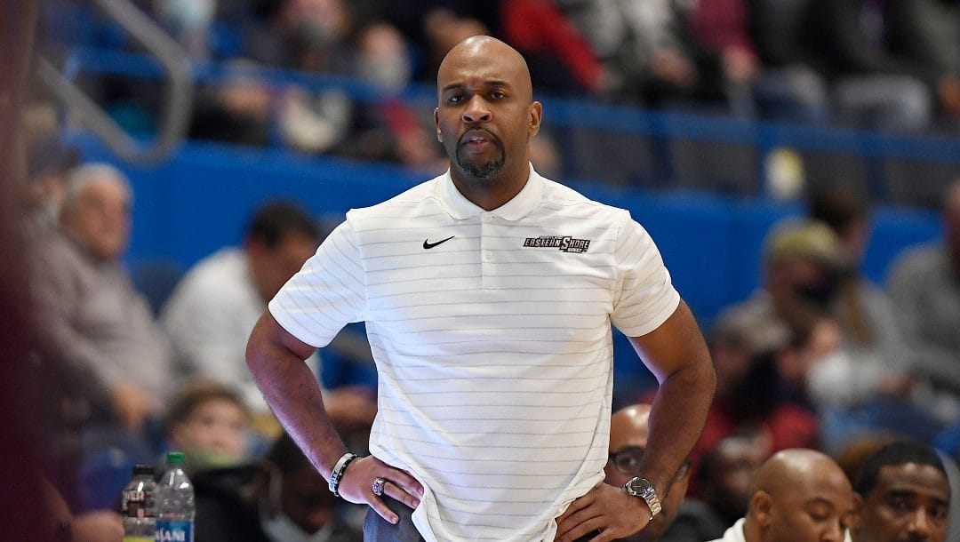 Maryland-Eastern Shore head coach Jason Crafton watches in the second half of an NCAA college basketball game against Connecticut, Tuesday, Nov. 30, 2021, in Hartford, Conn.