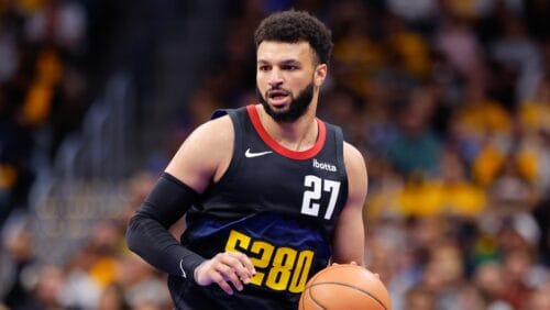 DENVER, COLORADO - NOVEMBER 3: Jamal Murray #27 of the Denver Nuggets handles the ball against the Dallas Mavericks during the NBA In-Season Tournament at Ball Arena on November 3, 2023 in Denver, Colorado.