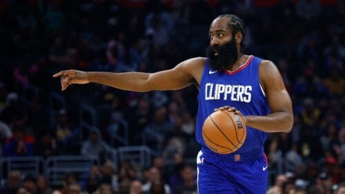 LOS ANGELES, CALIFORNIA - NOVEMBER 27: James Harden #1 of the LA Clippers at Crypto.com Arena on November 27, 2023 in Los Angeles, California.