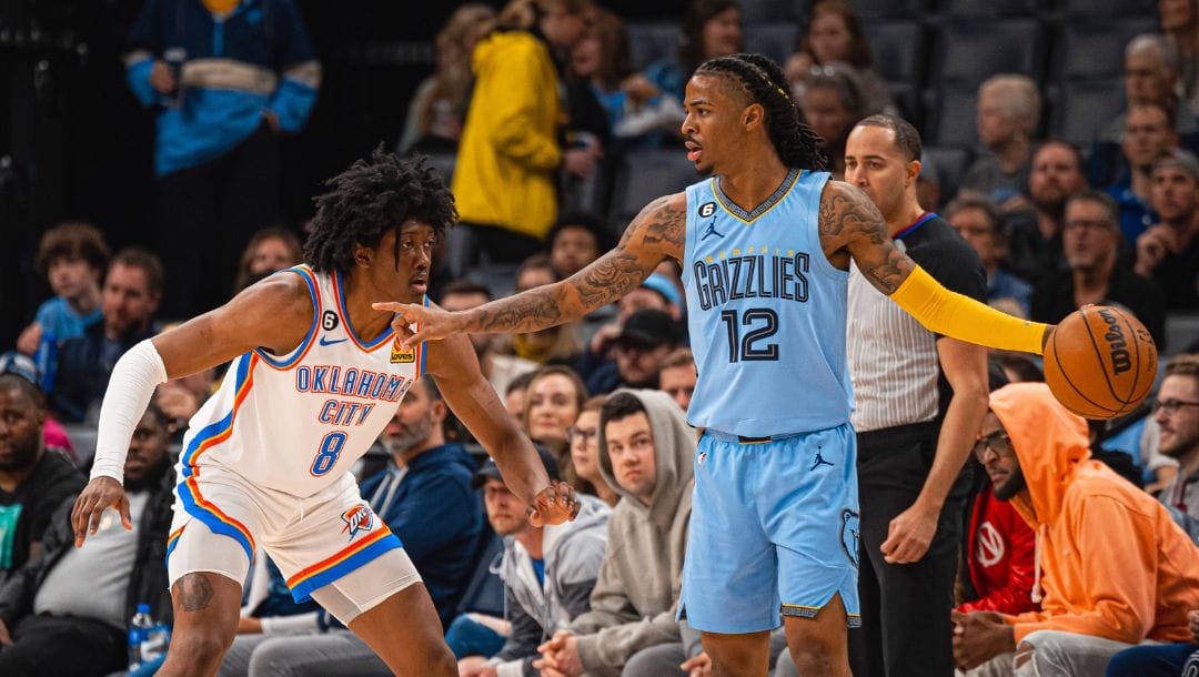 Ja Morant #12 of the Memphis Grizzlies dribbles the ball during the game against the Oklahoma City Thunder on December 07, 2022.