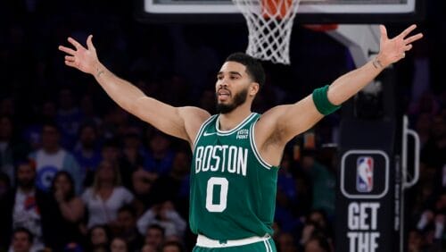 Jayson Tatum #0 of the Boston Celtics in action against the New York Knicks at Madison Square Garden on October 25, 2023 in New York City. The Celtics defeated the Knicks 108-104.