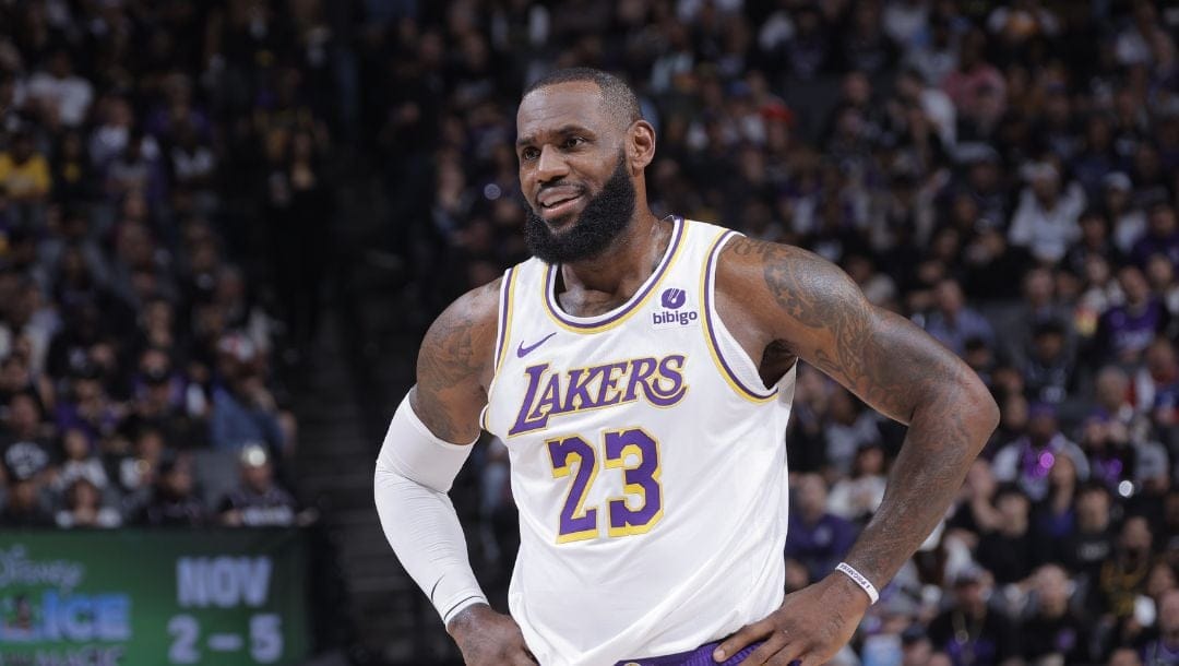 James #23 of the Los Angeles Lakers looks on during the game against the Sacramento Kings on October 29, 2023 at Golden 1 Center.