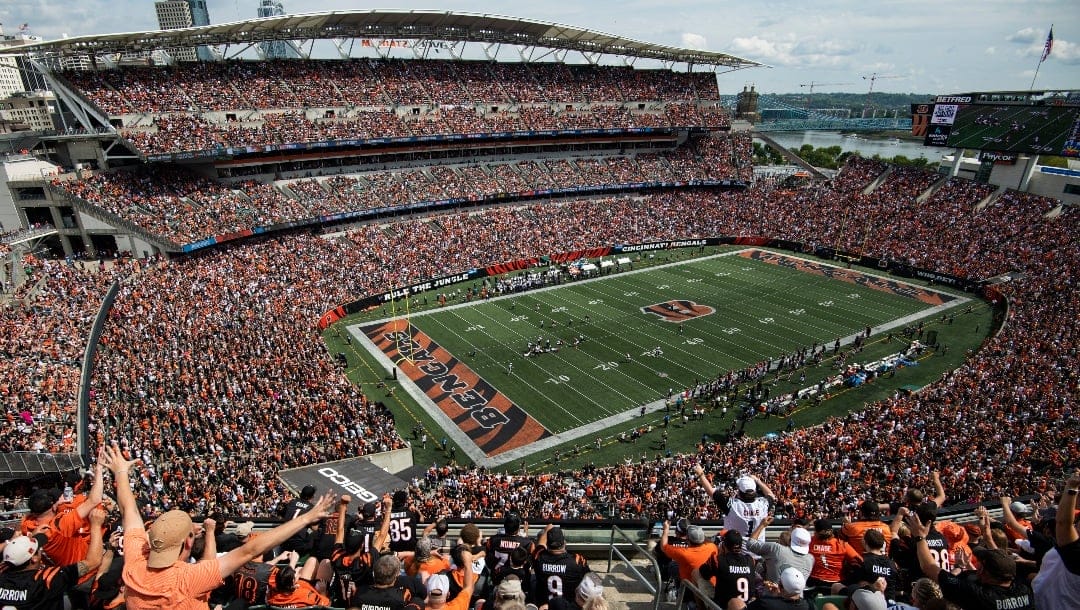A general view of Paycor Stadium during an NFL football game between the Cincinnati Bengals and Baltimore Ravens on Sunday, Sept. 17, 2023, in Cincinnati. (AP Photo/Emilee Chinn)