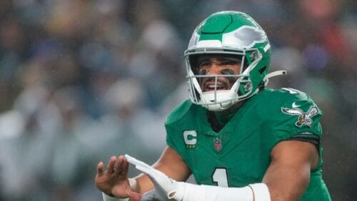 Philadelphia Eagles quarterback Jalen Hurts in action an NFL football game, Sunday, Nov. 26, 2023, in Philadelphia. (AP Photo/Matt Rourke)