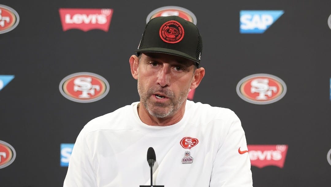 San Francisco 49ers head coach Kyle Shanahan speaks to reporters after an NFL football game against the Cincinnati Bengals in Santa Clara, Calif., Sunday, Oct. 29, 2023. (AP Photo/Jed Jacobsohn)