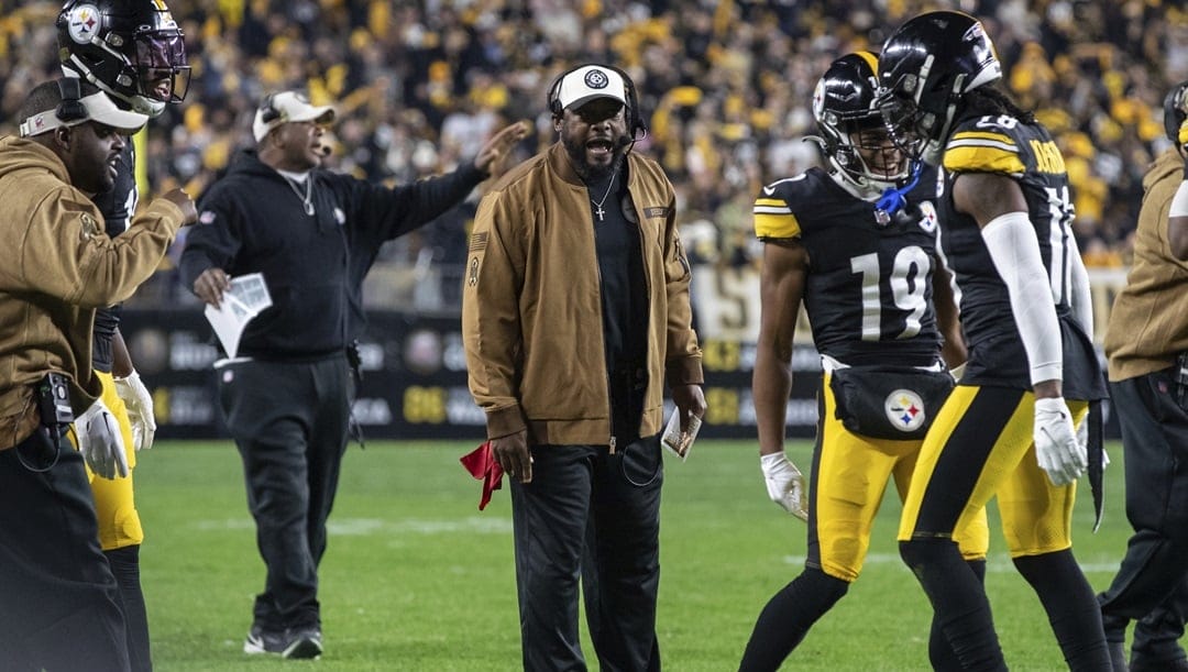 Pittsburgh Steelers head coach Mike Tomlin reacts after a touchdown during an NFL football game, Thursday, Nov. 2, 2023, in Pittsburgh.