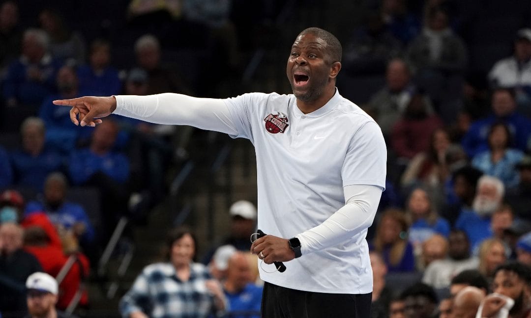 North Carolina Central head coach Levelle Moton shouts to his players in the first half of an NCAA college basketball game against Memphis, Saturday, Nov. 13, 2021, in Memphis, Tenn.