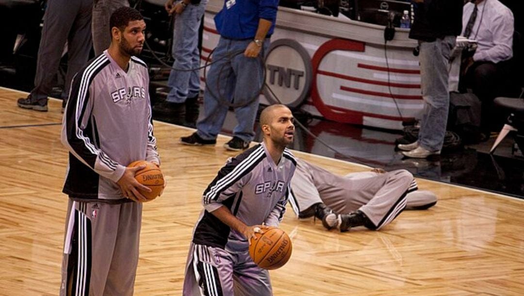 Tim Duncan and Tony Parker of the San Antonio Spurs during shootaround before their NBA game in December 2010.