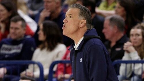 San Diego coach Steve Lavin encourages players during the first half of the team's NCAA college basketball game against Gonzaga, Thursday, Feb. 23, 2023, in Spokane, Wash. (AP Photo/Young Kwak)