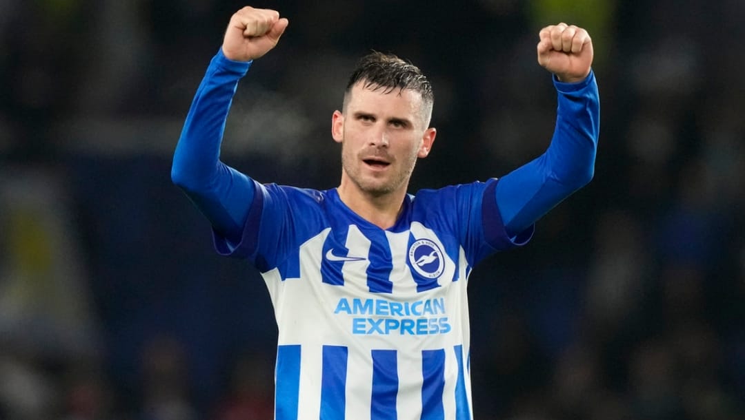 Brighton's Pascal Gross celebrates at full time as his team win 2-0 in the Europa League Group B soccer match between Brighton and Hove Albion and Ajax at the Amex stadium in Brighton, England, Thursday, Oct. 26, 2023.