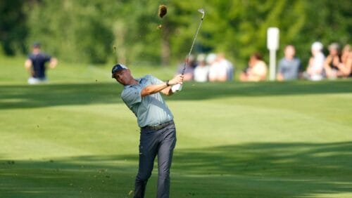 Brendon Todd watches his fairway shot on the 18th green during the third round of the John Deere Classic golf tournament, Saturday, July 8, 2023, at TPC Deere Run in Silvis, Ill.