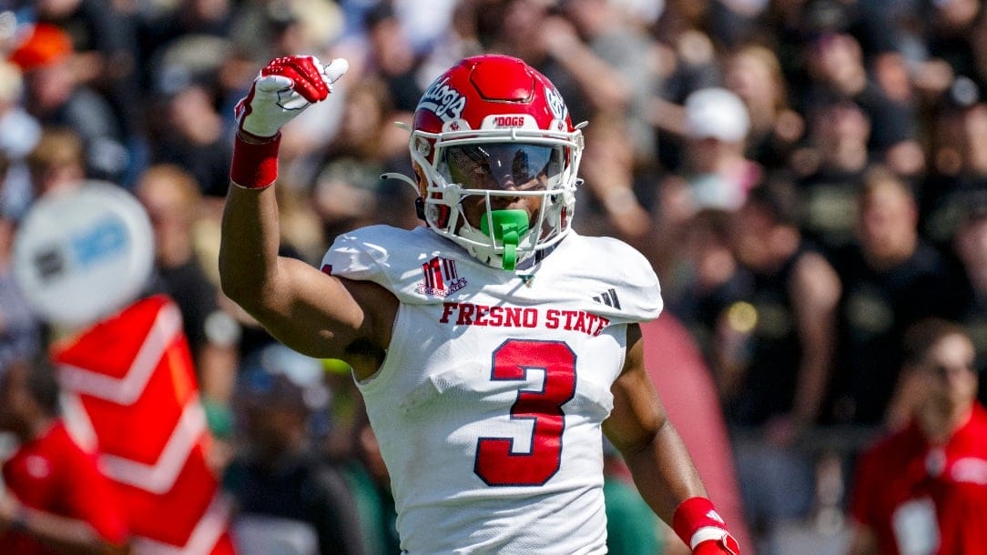 Fresno State wide receiver Erik Brooks (3) during an NCAA football game on Saturday, Sept. 2, 2023, in West Lafayette, Ind. (AP Photo/Doug McSchooler)