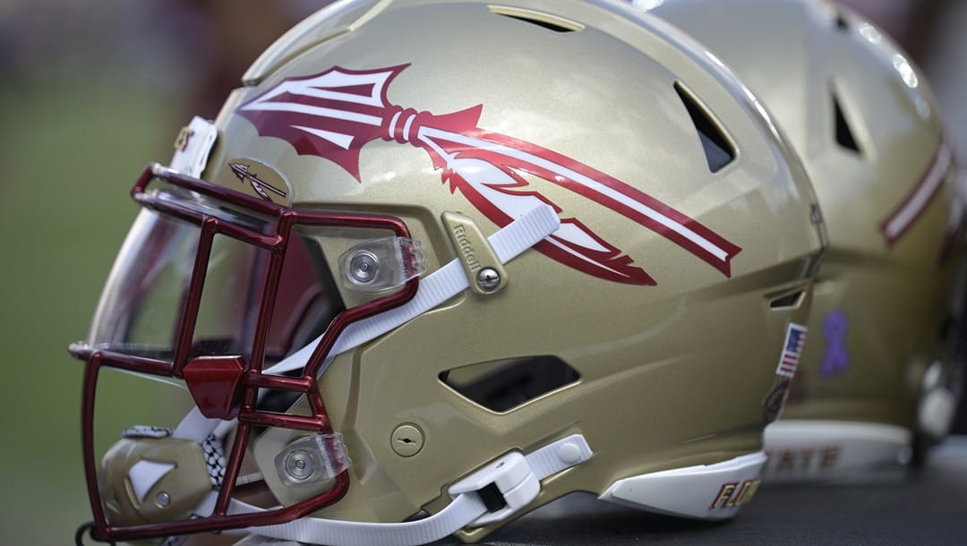 Florida State helmets are viewed on the sideline during the second half of an NCAA college football game against Syracuse, Saturday, Oct. 14, 2023, in Tallahassee, Fla.
