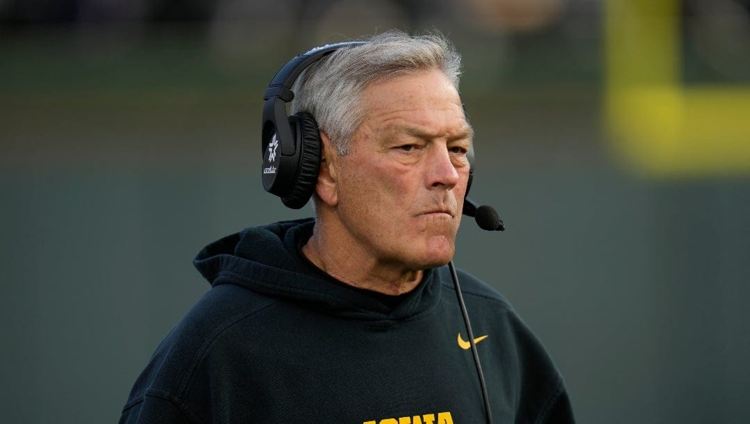Iowa head coach Kirk Ferentz stands on the sideline during the first half of an NCAA college football game against Northwestern, Saturday, Nov. 4, 2023, at Wrigley Field in Chicago. (AP Photo/Erin Hooley)
