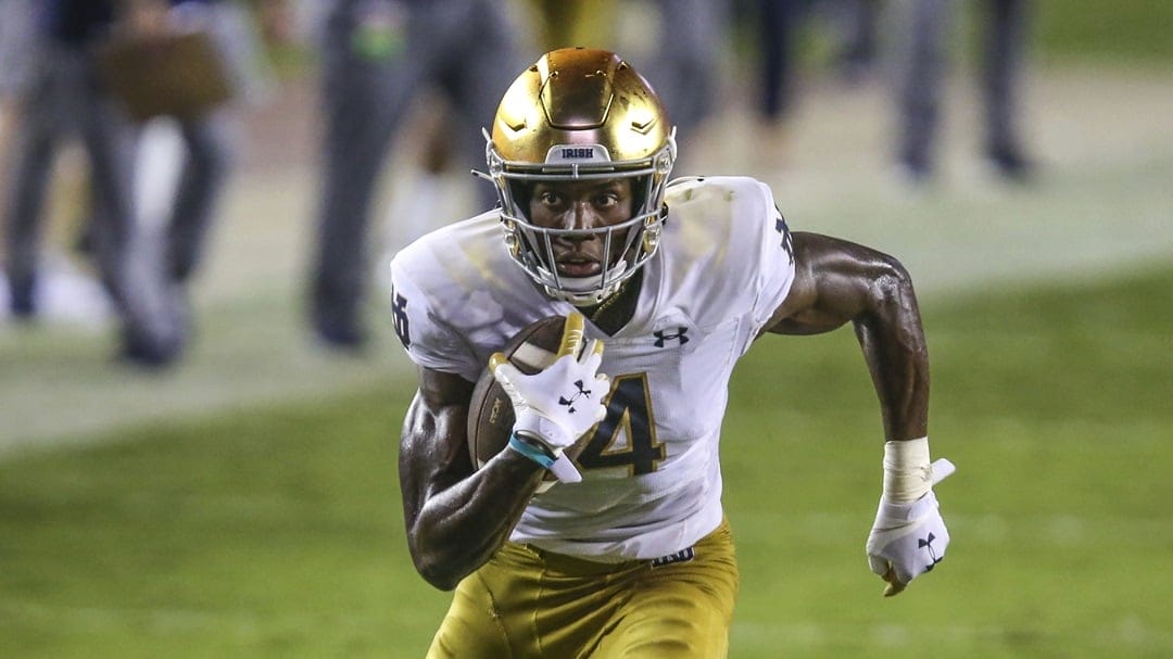Notre Dame wide receiver Kevin Austin Jr. (4) during the second half of an NCAA football game against Florida State on Sunday, Sept. 5, 2021 in Tallahassee, Fla.